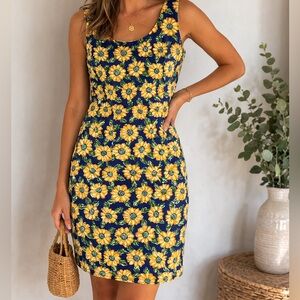 Floral Scoop-Neck Mini Dress in Navy and Yellow